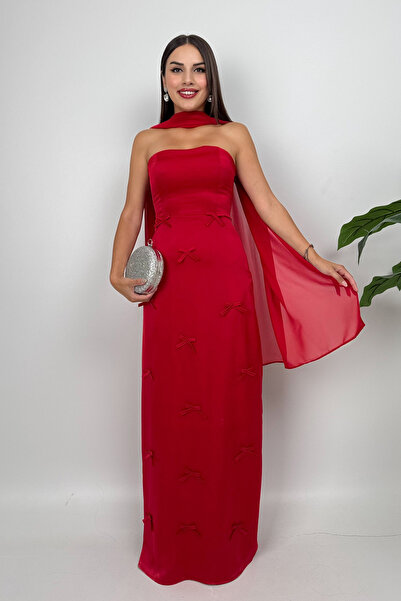 DPARİS Strapless Satin Dress with Bow Detail