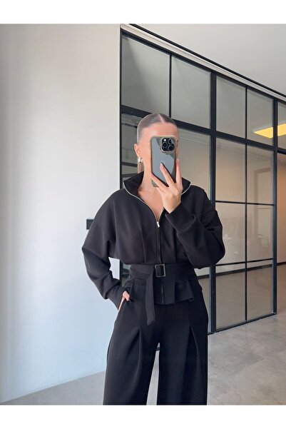 BB Bensu Buyruk Pantaloni largi, jachetă cu curea, costum negru din modal