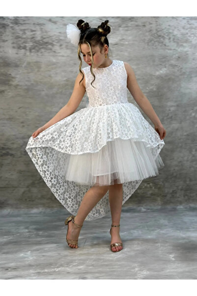 LILYMOON Kız Çocuk Dantel Çiçek Desenli Katlı Tül Abiye Elbise