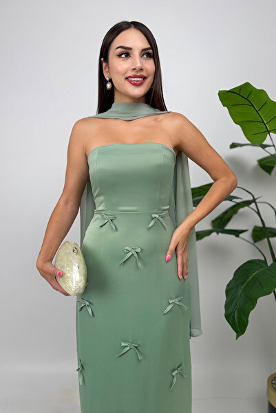DPARİS Strapless Satin Dress with Bow Detail