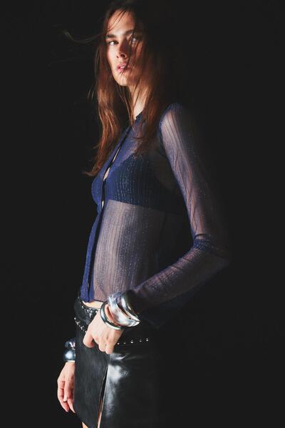 Bershka Uzun kollu tül parlak tişört