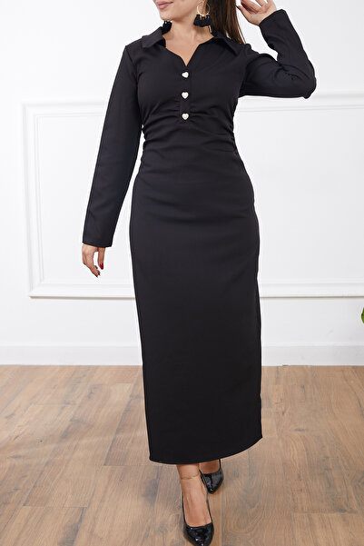 DPARİS Long Dress with Shirt Collar and Slit at the Back