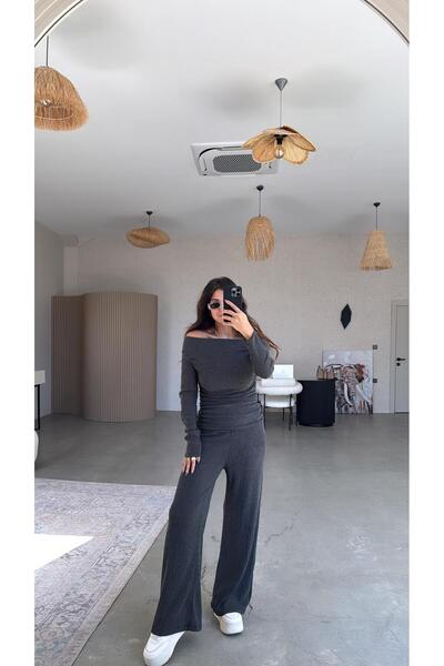 Buket Teke Füme Drape Detay Kayık Yaka Bürümcük Takım