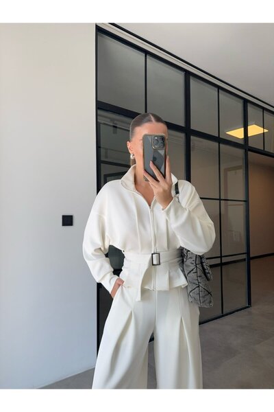 BB Bensu Buyruk Pantaloni largi, jachetă cu curea, costum alb din modal