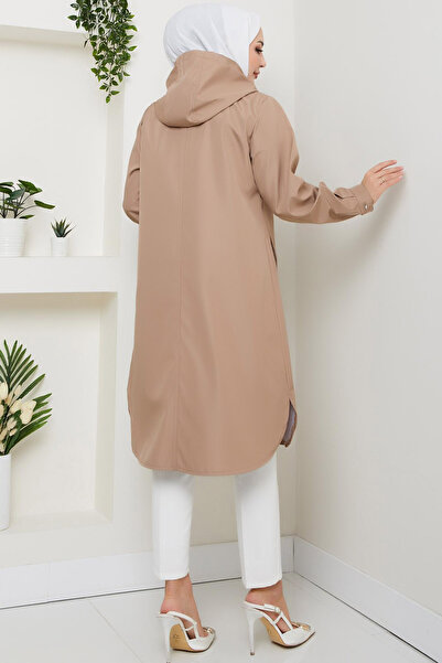 Ottawe Relaxed Fit Rahat Kapüşonlu İçi Çizgi Detay A-Line Çıtçıtlı Uzun Kol Midi Boy Casual Trençkot