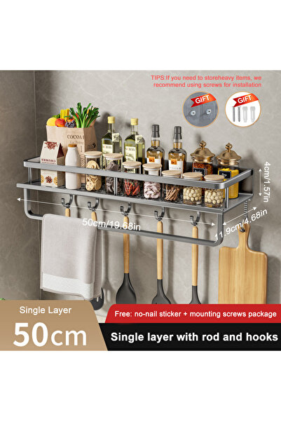 Choice4 gray-50cm-rod 1/2Pcs No Punch Spice Rack Wall Mounted Kitchen Spice Organizer with Hook Rod Seasonin