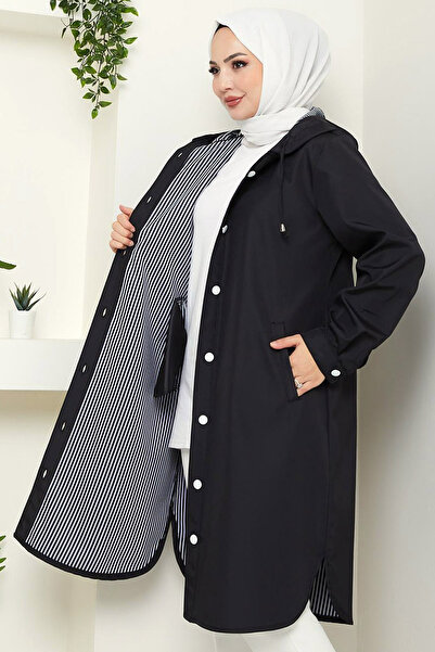 Ottawe Relaxed Fit Rahat Kapüşonlu İçi Çizgi Detay A-Line Çıtçıtlı Uzun Kol Midi Boy Casual Trençkot