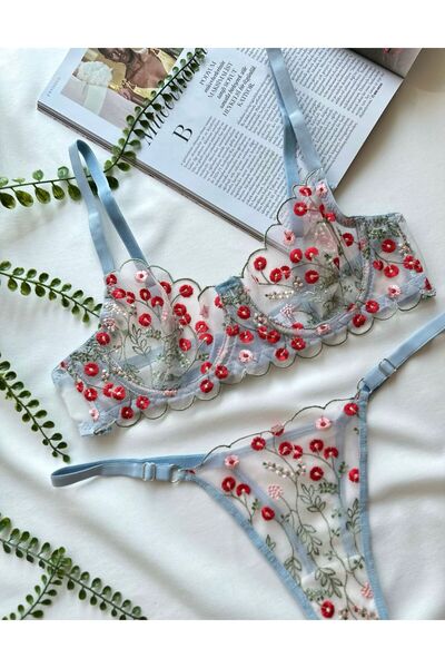 HAMA LOVE Women's Blue Floral Embroidered Lingerie Set