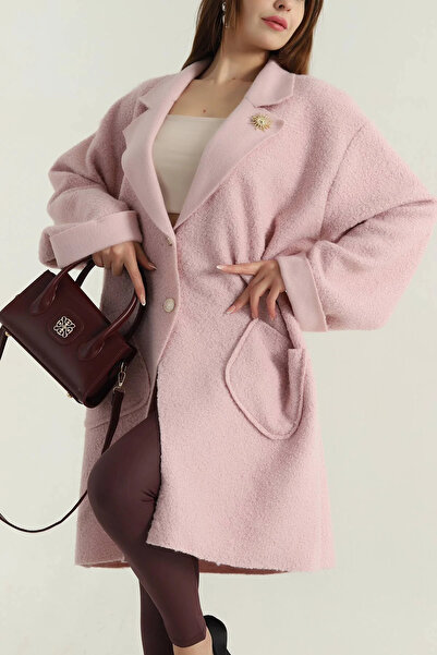 Esma Style Kadın Bronş Detaylı Buklet Kaşe Kaban