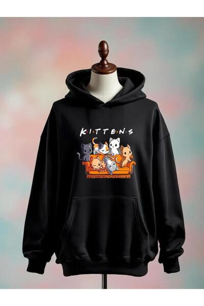 Vordevia سويت شيرت أسود كبير الحجم مصنوع من القطن بطبعة قطة و3 خيوط