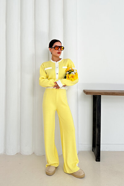 MİROR Women's Yellow and White Detailed Knitwear Two-Piece Set Buttoned Cardigan Top and Comfortable Wide-Leg Pants