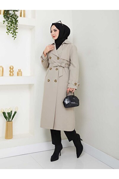 B.HE.Z Amazon Linen Fabric Below-The-Knee Lined Slit Trendy Model Trench Coat Stone