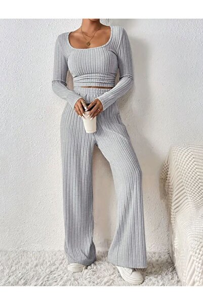 bemmoda Set de îmbrăcăminte pentru femei, cu model în dungi, cu detaliu cu șnur, croială confortabilă, interlock, sus și jos