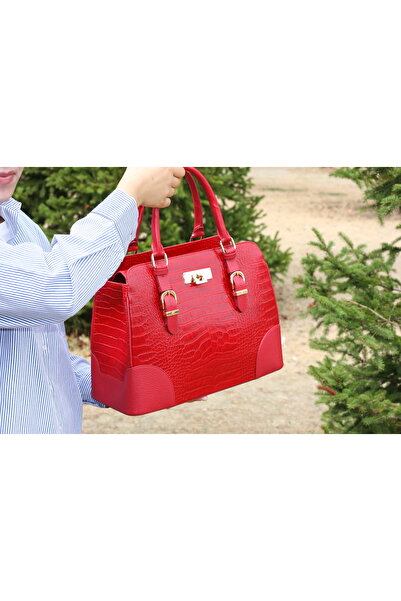 Aksesuarlia Red Color Crocodile Pattern Genuine Leather Bag - Luxury Handbag and Shoulder Bag - with Shoulder Strap