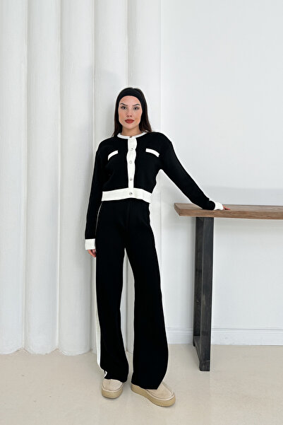 NEWCO Set de tricotaje cu detalii alb-negru pentru femei, cardigan cu nasturi și pantaloni confortabili cu picioare largi - negru