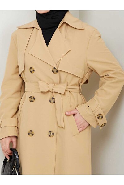 B.HE.Z Amazon Keten Kumaş Diz Altı Astarlı Yırtmaçlı Trend Model Trençkot Camel