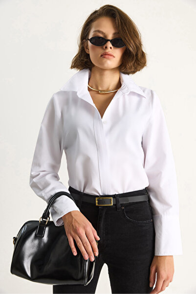 Bianco Lucci Kadın Pliseli Pat Detaylı Geniş Manşet Detaylı Klasik Yaka Gömlek 2140 60284075