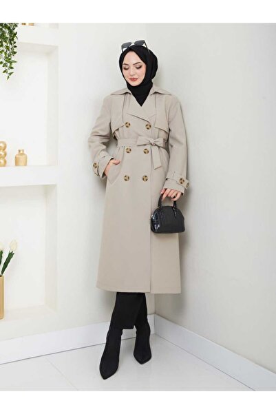 B.HE.Z Amazon Linen Fabric Below-The-Knee Lined Slit Trendy Model Trench Coat Stone