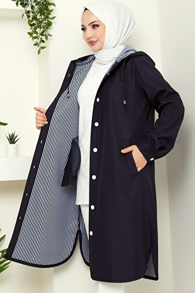 Ottawe Relaxed Fit Rahat Kapüşonlu İçi Çizgi Detay A-Line Çıtçıtlı Uzun Kol Midi Boy Casual Trençkot