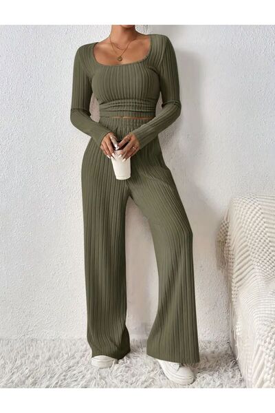 bemmoda Kadın Çizgi Desen Büzgü Detay Rahat Kesim İnterlok Alt Üst Takım