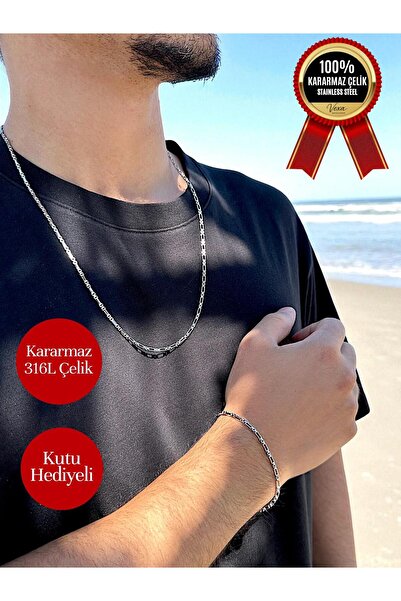 Vexa Aksesuar Aristo Model Premium İthal Zincir Çelik Kolye Bileklik Seti - Kutulu Hediyelik