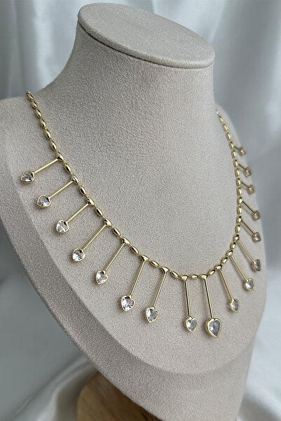 Modex Gold Color Metal Bars Stone Heart Detail Necklace (45cm)