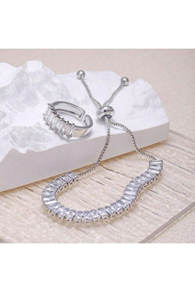 Pursehuit Set brățară tenis și inel reglabil, culoare argintie, cu pietre de ...