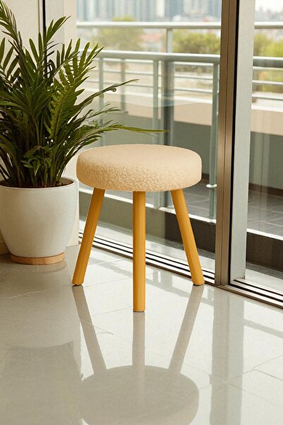 Zinnet Design Verona Dekoratif Peluş Puf Tabure – Yuvarlak Ahşap Ayaklı Retro Bench, Makyaj Masası & Salon Pufu