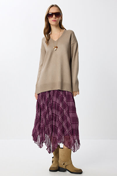 Lovelyİstanbul Patterned Wrinkled Effect Midi Chiffon Skirt Lns0082 Mürdüm