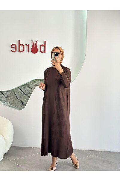 Armine Trend Baklava Desenli Merserize Elbise 25YTD958 Kahverengi