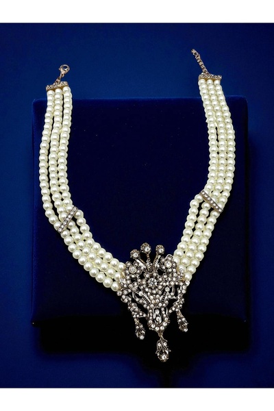 FUYA JEWELLERY Zirkon Taşlı Elmas Montür İnci Tasma Kolye