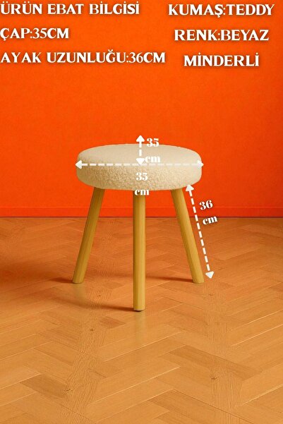 Zinnet Design Verona Dekoratif Peluş Puf Tabure – Yuvarlak Ahşap Ayaklı Retro Bench, Makyaj Masası & Salon Pufu