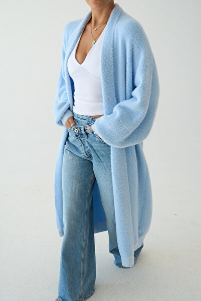 LOOSH Kadın Mavi Şal Yaka Dokulu Balon Kol Uzun Salaş Hırka