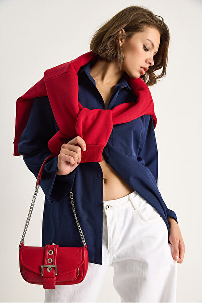 Bianco Lucci Kadın Geniş Kollu Tek Cep Detaylı Oversize Basic Poplin Gömlek 2144 60284103