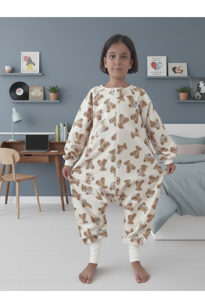 RUKİYE YAVUZ Pamuk Pazen Baby Kids Sleeping Bag with Sleeves 100% Cotton Double Layer 20-24 Degrees 1 Tog Wide and Tall Fit Teddy Bear