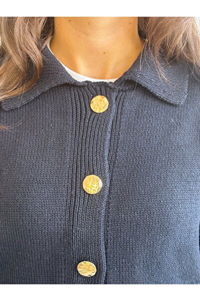 Store Lacivert Altın Düğme Detaylı Yakalı Triko Hırka