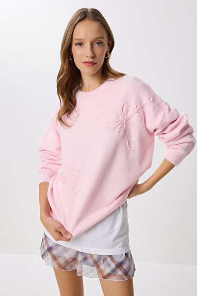 Lovelyİstanbul Πλεκτό πουλόβερ με υφή λουλουδιών LPF0113 ΡΟΖ