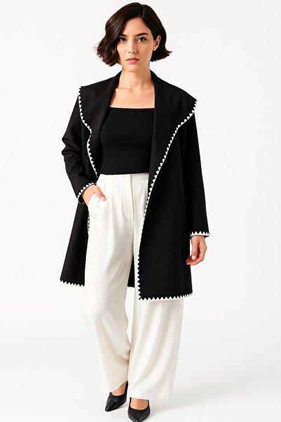 Hayalet White Stitching Detailed Shawl Collar Women's Cardigan Kimono Style