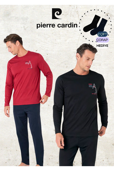 Pierre Cardin Erkek %100 Pamuk Uzun Kol Baskılı Bordo & Siyah İki Adet Pijama Takımı L1.PC.6103.002