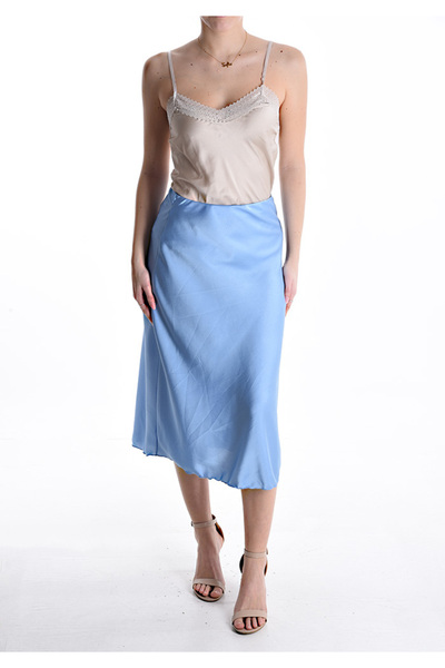 OEM Fustă midi din satin cu elastic în diferite culori - Albastru deschis