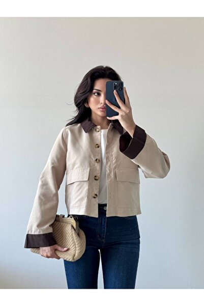 LOCH BUTİK Γυναικείο μπεζ σουέντ μπουφάν