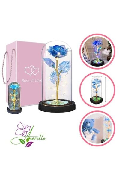 Manolex Trandafir albastru etern din sticlă cu LED în cupolă de sticlă, cadou elegant -