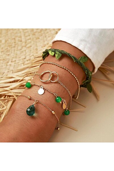 Pursehuit Set de 5 brățări, aurii, cu mărgele verzi, Stends C1