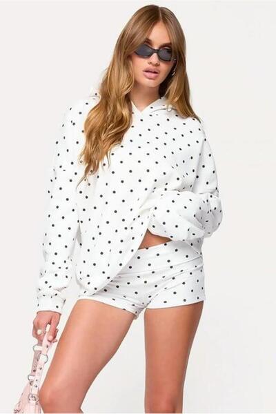 Madmext Beyaz Puantiyeli Kapüşonlu Kadın Sweatshirt Mg2560