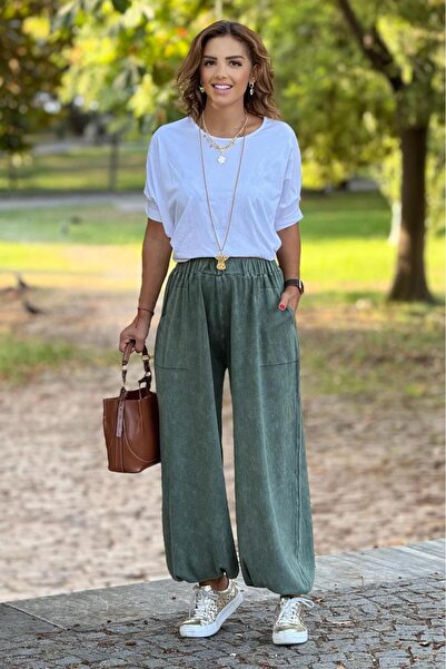 Nevin Kaya Moda Khaki Color 100% Cotton Knitwear Baggy Pants