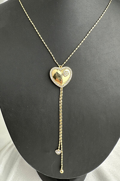Modex Gold Color Stone Heart Detail Chain Dangle Y Necklace (Size: 46+5cm)
