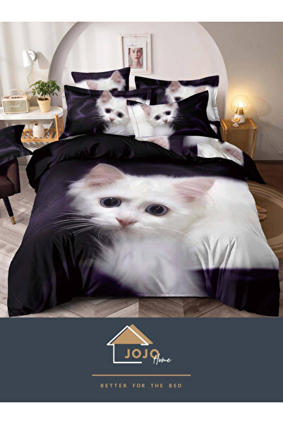 JOJO HOME Finet 3D Bed Linen with 2 Sides, 6 Pieces, 2 Person Bed, White Cat
