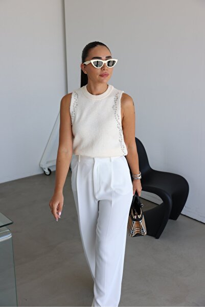 Özge Özgenç Sleeveless Stone Printed Knitwear Blouse