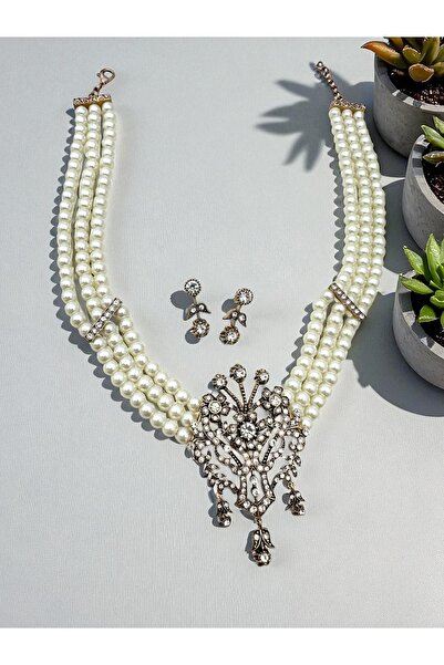 FUYA JEWELLERY Zirkon Taşlı Elmas Montür İnci Tasma Kolye, Küpe Set