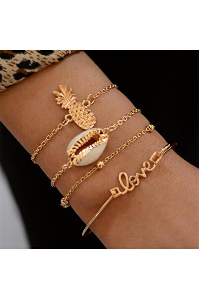 Pursehuit Set de 4 brățări aurii, cu scoică și ananas, Trixa C1